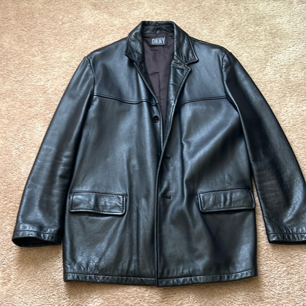 DKNY Leather Driver Coat Black Large